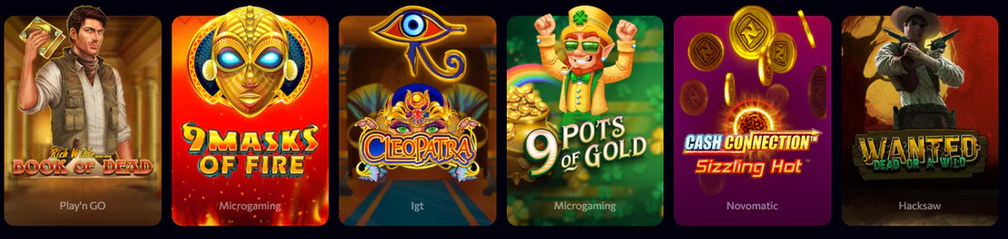Aphrodite Casino sélection de machines à sous avec Book of Dead, 9 Masks of Fire, Cleopatra, 9 Pots of Gold et Wanted Dead or a Wild